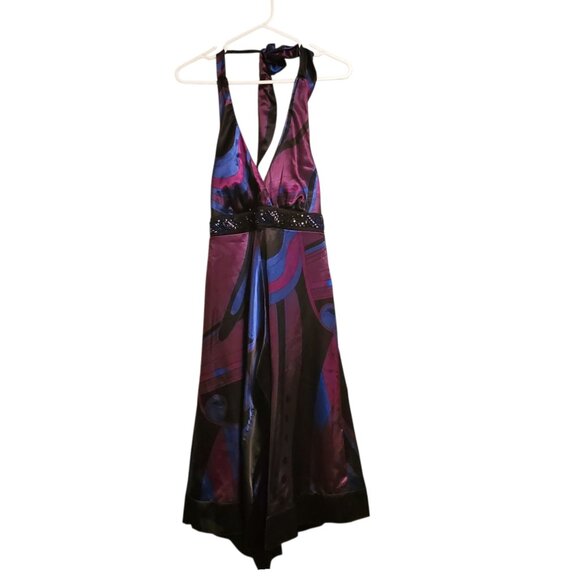 Le Chateau Abstract Pattern Halter Dress With Beading Detail - Picture 1 of 2